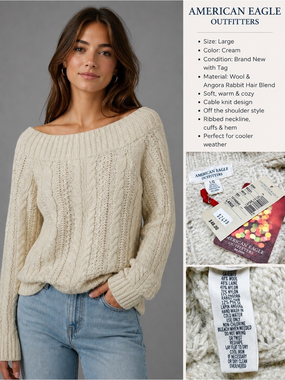 American Eagle Cream Cable Knit Sweater NWT Large Wool Angora Blend Off Shoulder